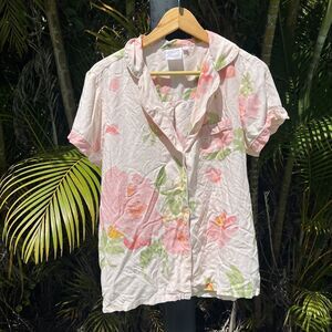Plum Pretty Sugar Women's Large Pajama Top Rayon Pink Floral Short Sleeve Button